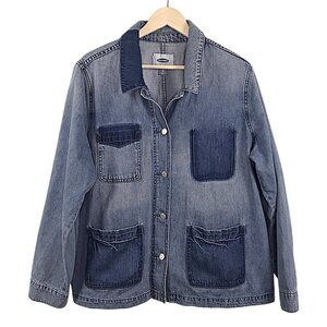 Old Navy Patchwork Vintage Inspired Distressed Denim Shacket Jacket | Size XL